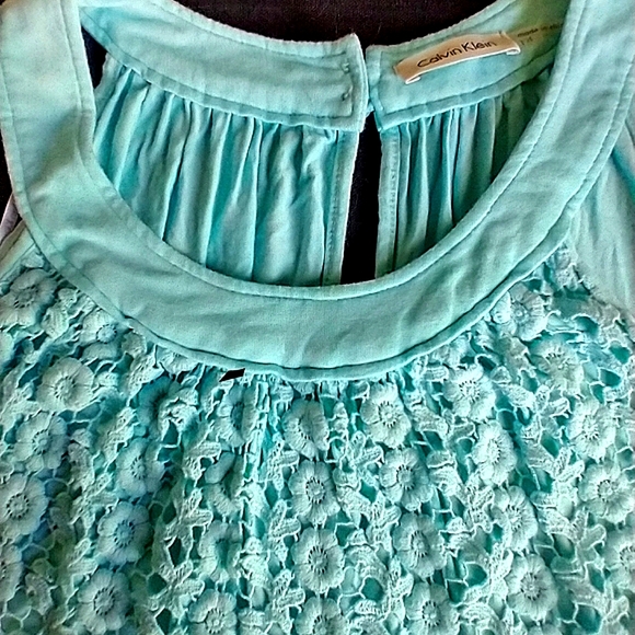 CALVIN KLEIN WOMEN'S DRESS SIZE 14 AQUA BLUE SLEEVELESS FLORAL COTTON LACE FRONT - Picture 7 of 11